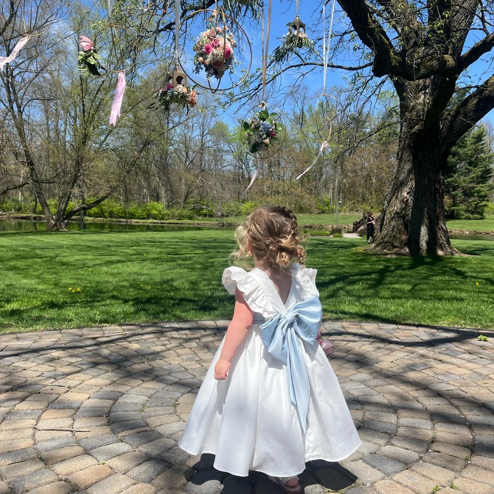Azazie Ivory Girls Flower Girl Dress with Mist Blue Bow